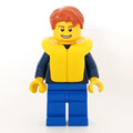 fig-009608 – Man, Dark Blue Plaid Shirt, Blue Legs, Dark Orange Hair, Yellow Life Vest