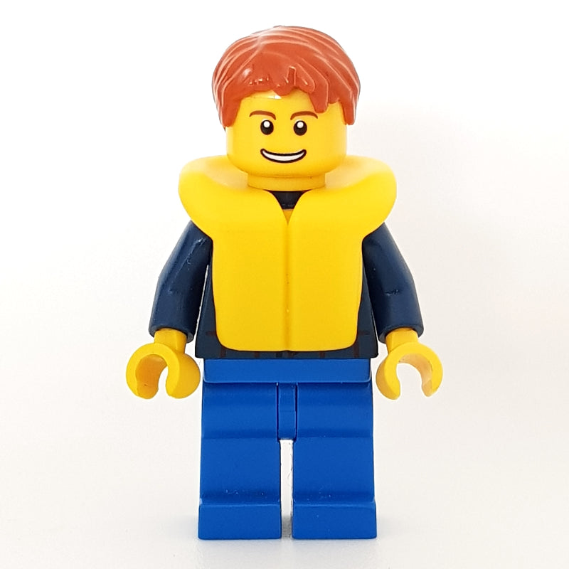 fig-009608 – Man, Dark Blue Plaid Shirt, Blue Legs, Dark Orange Hair, Yellow Life Vest