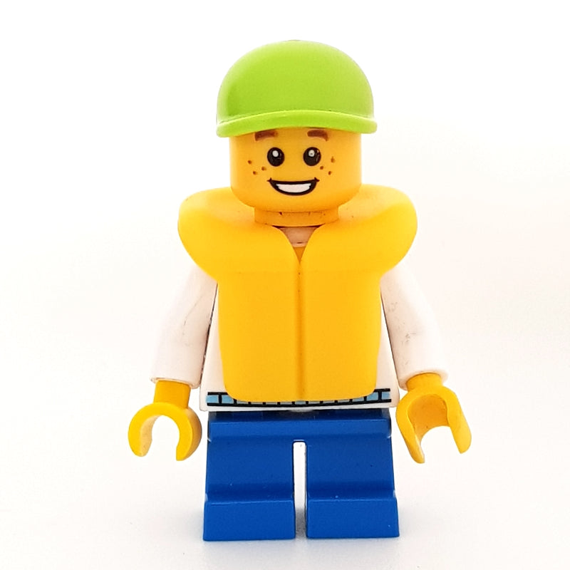fig-009609 – Boy, White and Blue Hoodie, Short Blue Legs, Lime Cap (3626b Head)