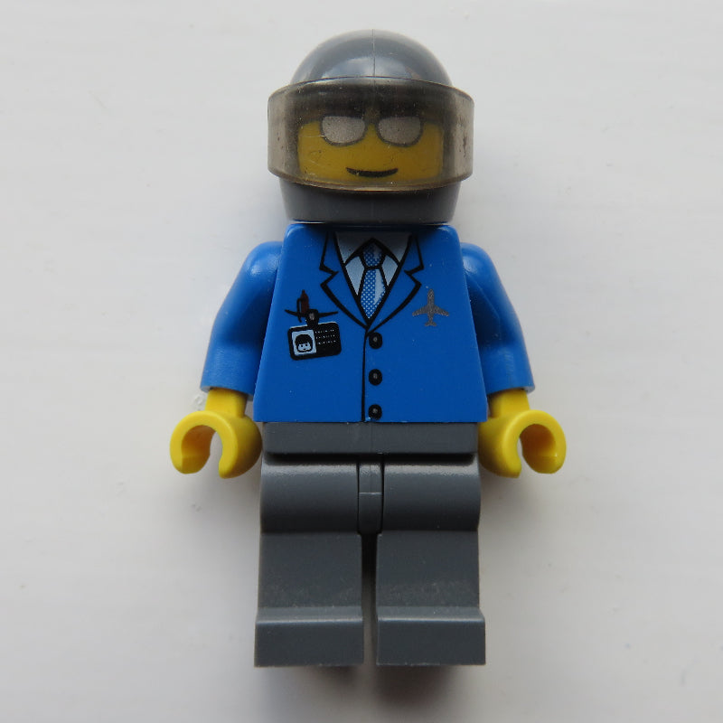 fig-009610 – Pilot, Blue Jacket with Plane Logo and Blue Tie, Dark Bluish Gray Helmet with Visor, Silver Sunglasses