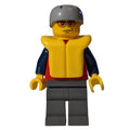 fig-009611 – Man, Red Top with Dark Blue Arms, Dark Bluish Gray Legs, Light Bluish Gray Helmet, Yellow Life Vest, Orange Sunglasses