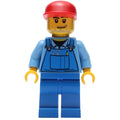 fig-009614 – Man, Blue Overalls over Shirt, Blue Legs, Red Cap, Stubble