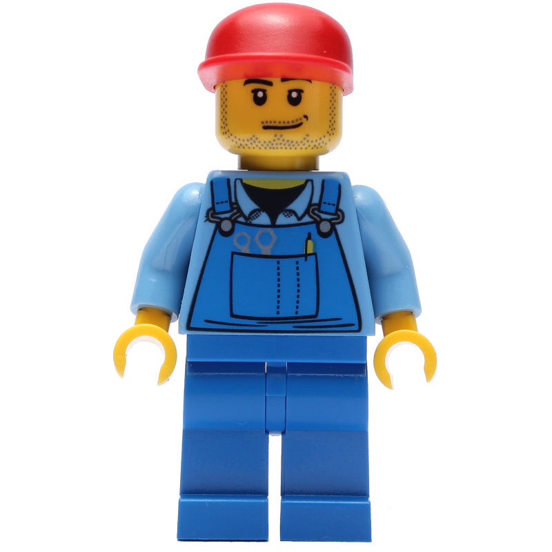 fig-009614 – Man, Blue Overalls over Shirt, Blue Legs, Red Cap, Stubble