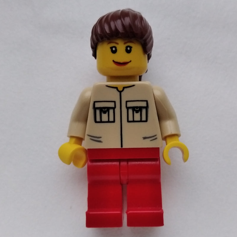 fig-009616 – Woman, Tan Shirt with Two Pockets, Red Legs, Reddish Brown Hair