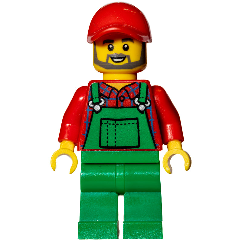 fig-009619 – Man, Green Overalls over Red Shirt, Red Cap, Beard