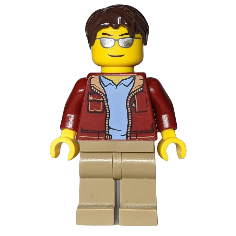 fig-009620 – Man, Open Dark Red Jacket, Dark Tan Legs, Dark Brown Hair, Silver Sunglasses