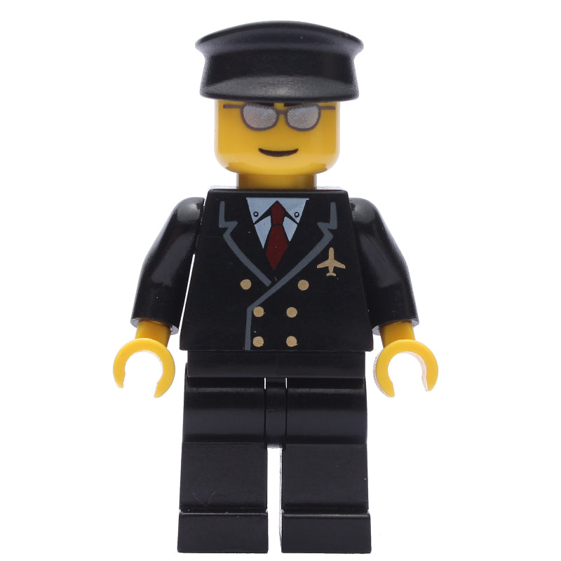 fig-009621 – Pilot, Black Suit with Tie and Airplane Badge, Black Hat, Silver Sunglasses