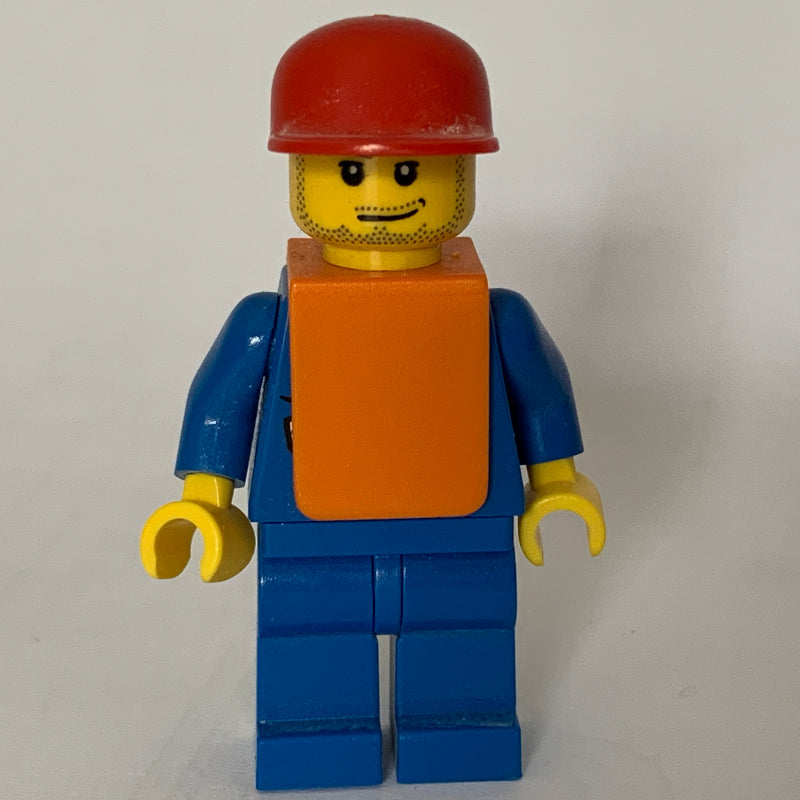 fig-009623 – Ground Crew, Blue Suit with Tie and Plane Logo, Red Cap, Orange Vest, Stubble