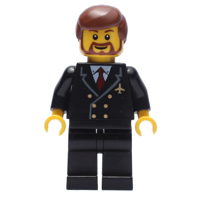 fig-009626 – Pilot, Black Suit with Tie and Airplane Badge, Reddish Brown Hair, Beard