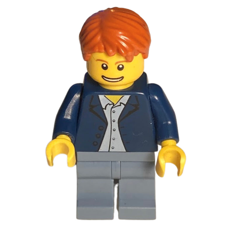 fig-009627 – Man, Open Dark Blue Jacket, Dark Bluish Gray Legs, Dark Orange Hair