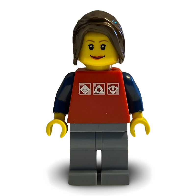 fig-009629 – Woman, Red Top with Dark Blue Arms, Sand Blue Legs, Dark Brown Hair
