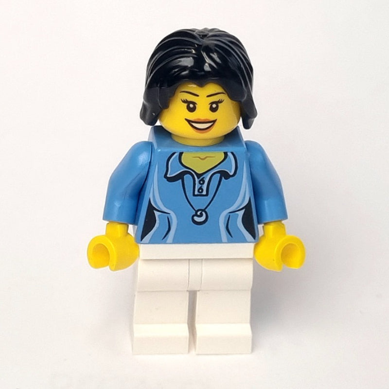 fig-009630 – Woman, Medium Blue Polo Shirt with Necklace, White Legs, Black Hair