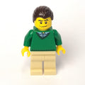 fig-009631 – Man, Green V-Neck Sweater, Tan Legs, Dark Brown Hair