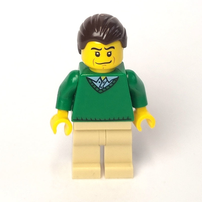 fig-009631 – Man, Green V-Neck Sweater, Tan Legs, Dark Brown Hair