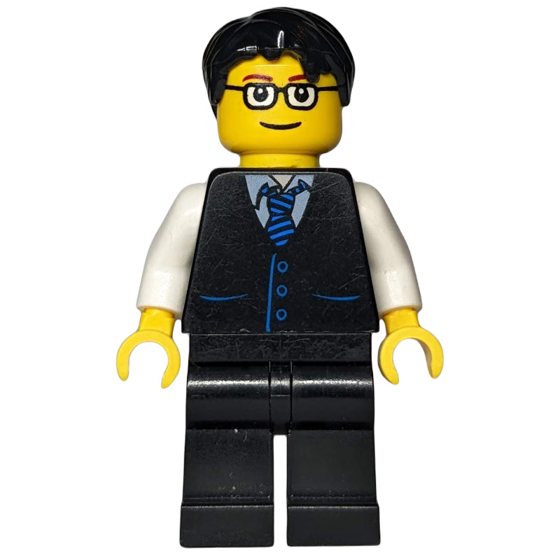 fig-009633 – Man, Black Vest and Tie, Black Legs, Black Hair, Glasses