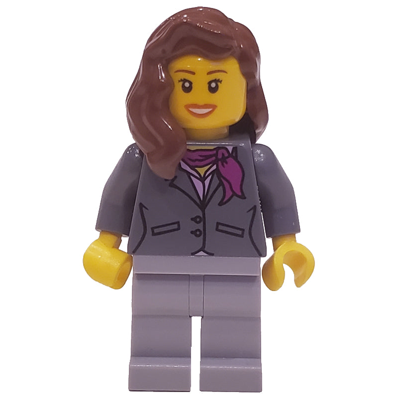 fig-009634 – Woman, Dark Bluish Gray Jacket with Magenta Scarf, Light Bluish Gray Legs, Reddish Brown Hair, Open Mouth