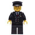 fig-009638 – Pilot, Black Suit with Tie and Airplane Badge, Black Hat, Cheek Lines