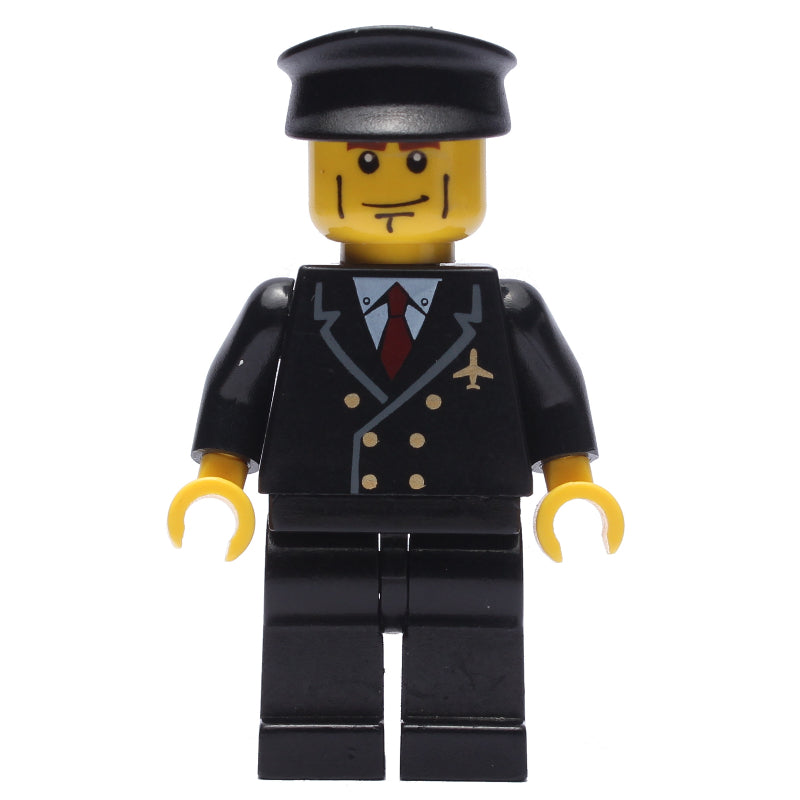 fig-009638 – Pilot, Black Suit with Tie and Airplane Badge, Black Hat, Cheek Lines