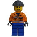 fig-009639 – Ground Crew, Orange Jacket with Zipper and Reflective Stripes, Blue Legs, Dark Bluish Gray Hat, Stubble