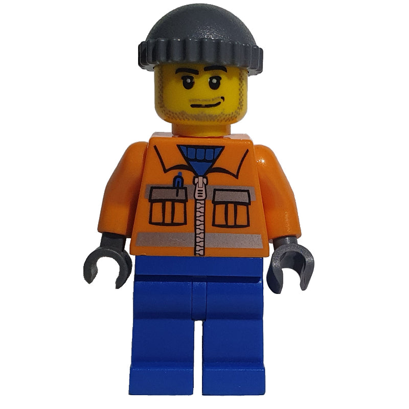 fig-009639 – Ground Crew, Orange Jacket with Zipper and Reflective Stripes, Blue Legs, Dark Bluish Gray Hat, Stubble
