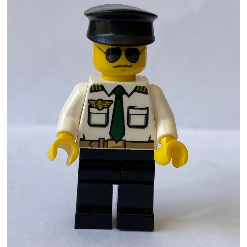 fig-009641 – Pilot, White Shirt with Dark Green Tie and Wing Badge, Black Legs, Black Hat, Sunglasses