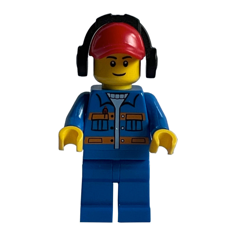 fig-009642 – Ground Crew, Blue Jacket with Orange Stripes, Red Cap with Ear Defenders