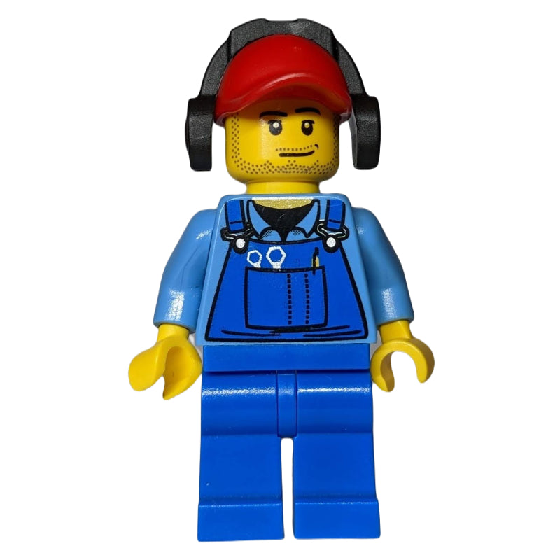 fig-009643 – Ground Crew, Blue Overalls over Shirt, Red Cap with Ear Defenders, Stubble