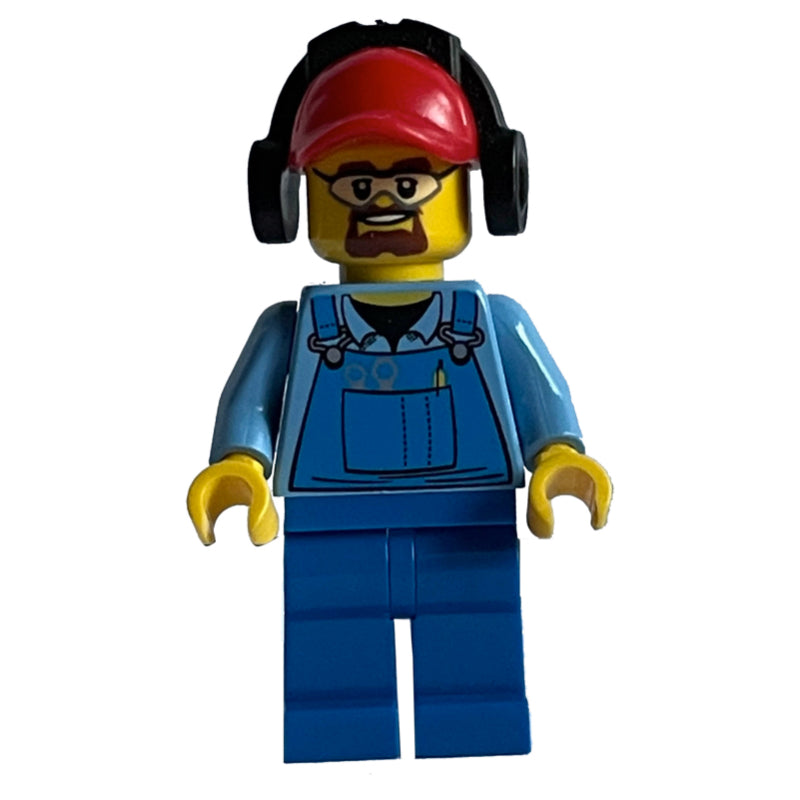 fig-009644 – Ground Crew, Blue Overalls over Shirt, Red Cap with Ear Defenders, Safety Glasses and Goatee Beard