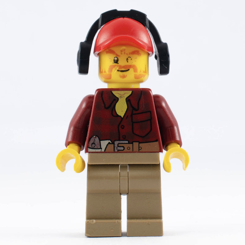 fig-009647 – Lumberjack, Dark Red Flannel Shirt, Red Cap with Ear Defenders, Beard