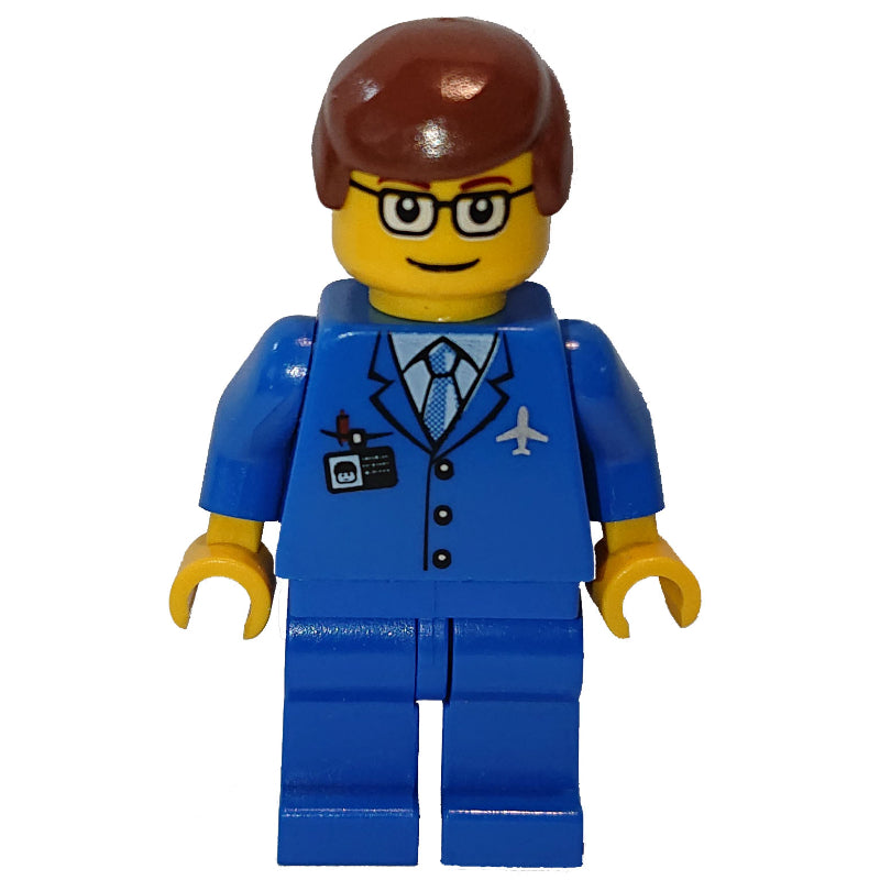 fig-009649 – Airline Worker, Blue Suit with Tie and Plane Logo, Reddish Brown Hair, Glasses