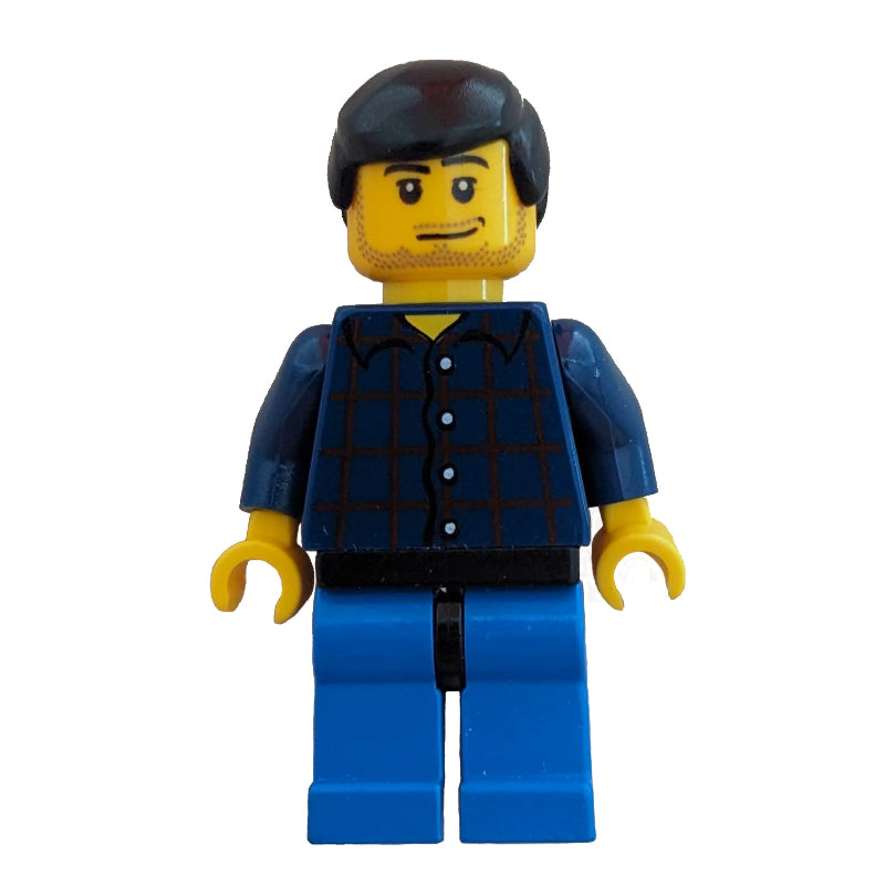 fig-009650 – Man, Dark Blue Plaid Shirt, Blue Legs, Black Hair, Stubble