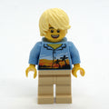 fig-009654 – Man, Medium Blue Shirt with Palm Trees and Sunset, Tan Legs, Bright Light Yellow Hair