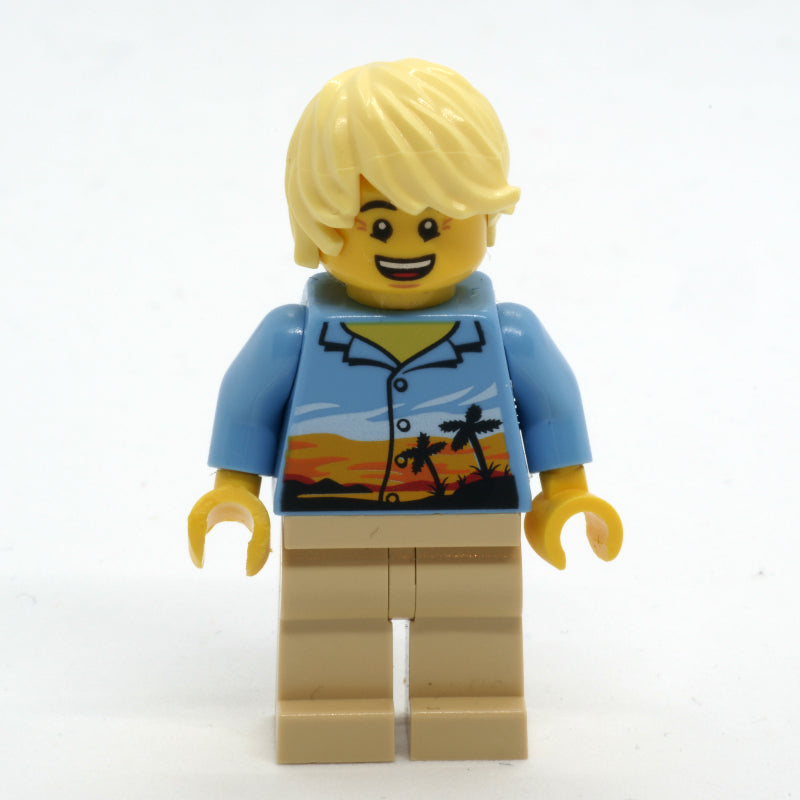 fig-009654 – Man, Medium Blue Shirt with Palm Trees and Sunset, Tan Legs, Bright Light Yellow Hair