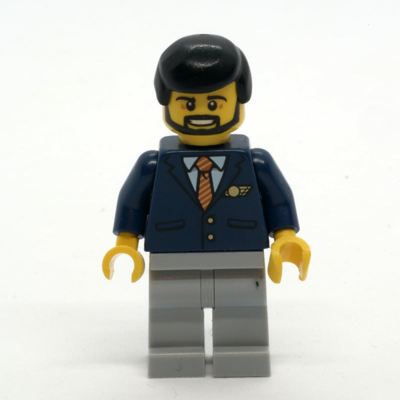 fig-009660 – Pilot, Dark BLue JAcket with Tie and Wings Badge, Light Bluish Gray Legs, Black Hair, Beard