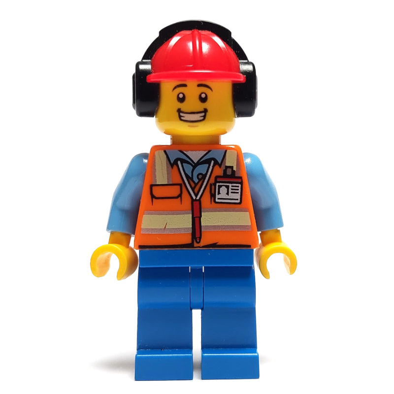 fig-009662 – Ground Crew, Orange Safety Vest, Blue Legs, Red Hard Hat with Ear Defenders