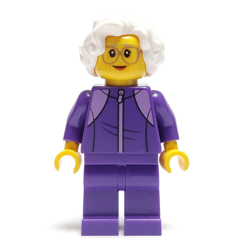 fig-009664 – Woman, Dark Purple Jogging Suit, White Hair, Large Glasses