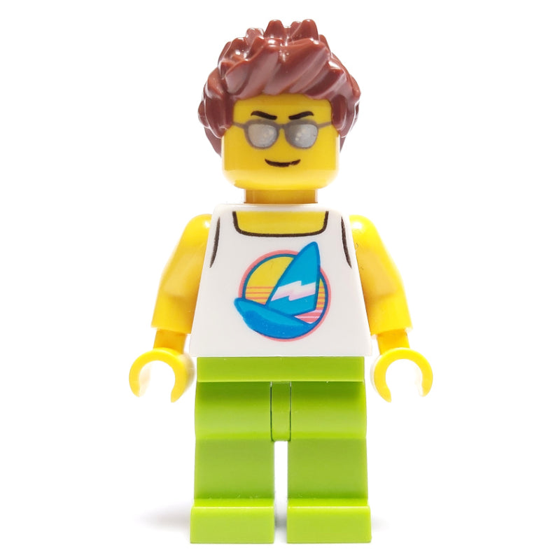fig-009665 – Man, White Tank Top with Windsurfer, Lime Legs, Reddish Brown Hair, Silver Sunglasses