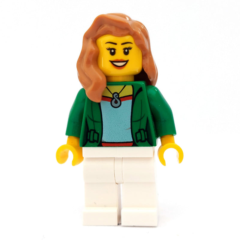 fig-009668 – Woman, Open Green Jacket with Necklace, Medium Nougat Hair