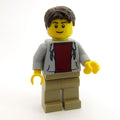 fig-009669 – Man, Open Light Bluish Gray Hoodie over Dark Red Shirt, Dark Tan Legs, Dark Brown Hair