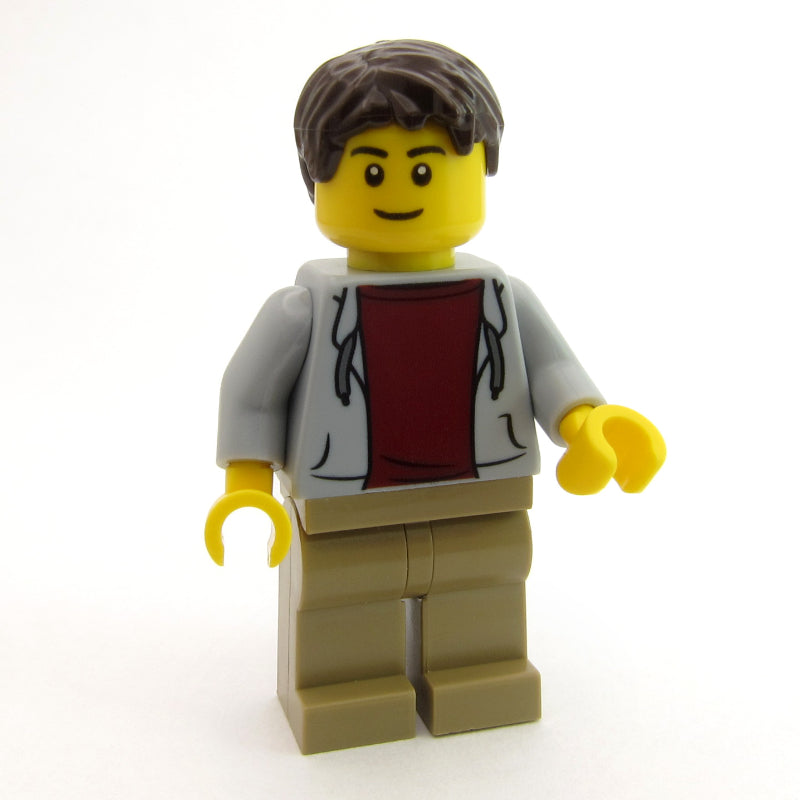 fig-009669 – Man, Open Light Bluish Gray Hoodie over Dark Red Shirt, Dark Tan Legs, Dark Brown Hair