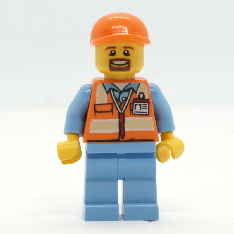 fig-009670 – Ground Crew, Orange Safety Vest, Medium Blue Legs, Orange Cap, Goatee Beard