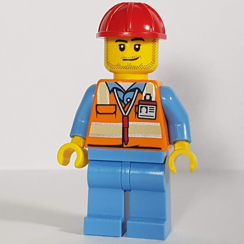 fig-009671 – Ground Crew, Orange Safety Vest, Medium Blue Legs, Red Hard Hat, Stubble