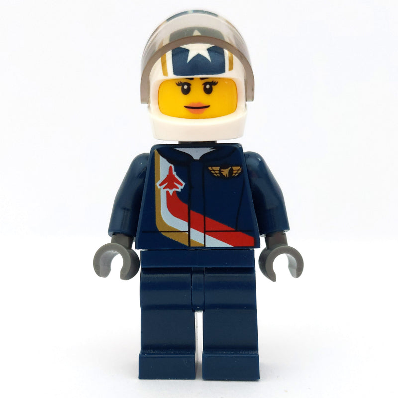 fig-009672 – Pilot, Woman, Dark Blue Jumpsuit with Plane and Wings Badge, White Helmet with Stars and Visor