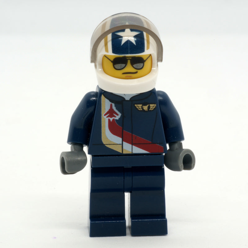 fig-009673 – Pilot, Dark Blue Jumpsuit with Plane and Wings Badge, White Helmet with Stars and Visor, Sunglasses