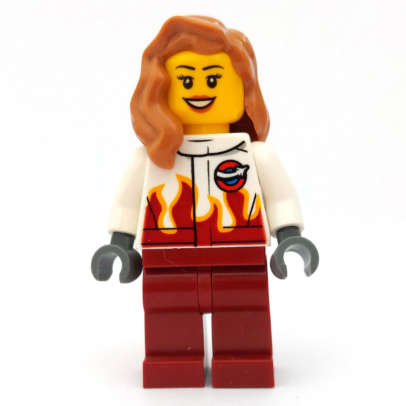 fig-009674 – Pilot, Woman, White and Dark Red Jumpsuit, Medium Nougat Hair
