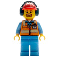 fig-009677 – Ground Crew, Orange Safety Vest, Medium Blue Legs, Red Hard Hat with Ear Defenders, Goatee Beard
