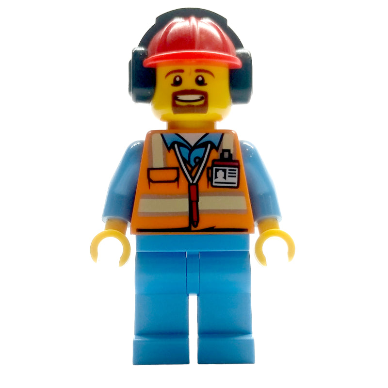 fig-009677 – Ground Crew, Orange Safety Vest, Medium Blue Legs, Red Hard Hat with Ear Defenders, Goatee Beard