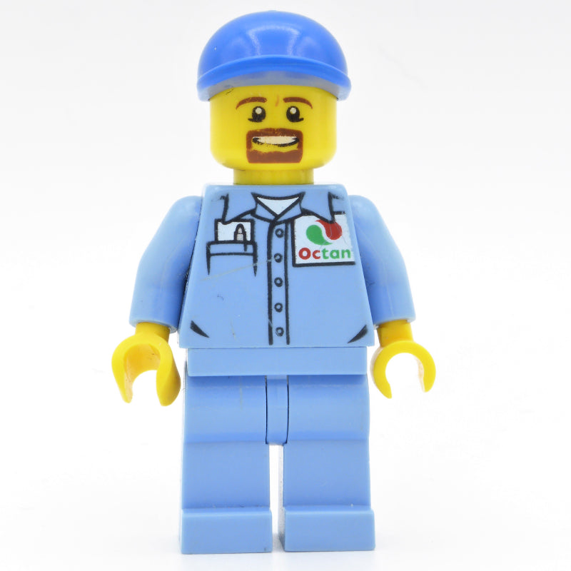 fig-009682 – Ground Crew, Medium Blue Shirt with Octan Logo, Medium Blue Legs, Blue Cap, Goatee Beard
