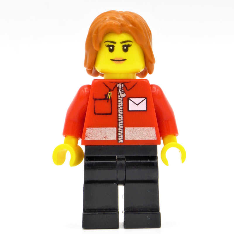fig-009683 – Postal Worker, Woman, Red Jacket with Zipper and Letter Logo, Black Legs, Dark Orange Hair