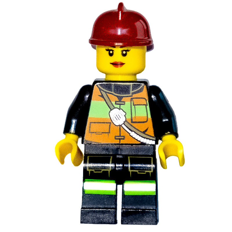 fig-009684 – Firewoman, Orange Safety Vest with Radio, Dark Red Helmet